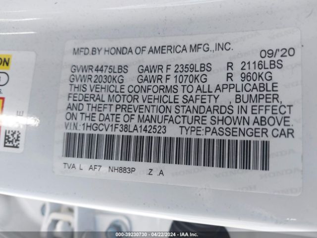1HGCV1F38LA142523 Honda Accord Sport