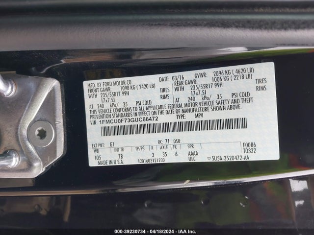 Ford ESCAPE S 2016 1FMCU0F73GUC66472 Image 9