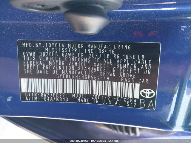 Toyota Corolla S Plus 2016 5YFBURHE1GP562149 Image 9