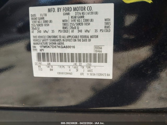 Ford EXPLORER XLT 2019 1FM5K7D87KGA60016 Image 9