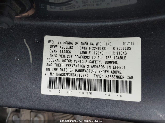 Honda ACCORD LX 2016 1HGCR2F35GA116770 Image 9