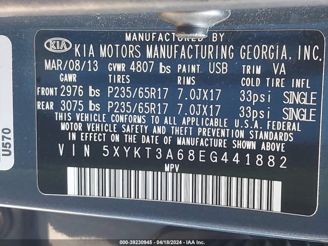 KIA SORENTO LX 2014 5XYKT3A68EG441882 Image 9