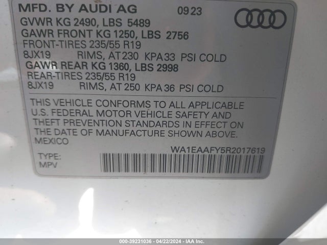 WA1EAAFY5R2017619 Audi Q5 Premium Plus 45 Tfsi S Line Quattro