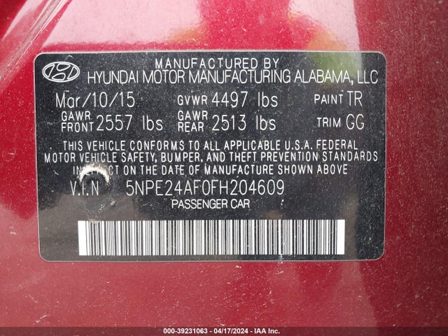 Hyundai SONATA SE 2015 5NPE24AF0FH204609 Image 9