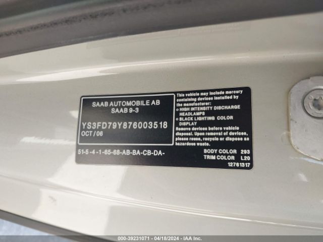 2007 SAAB 9-3 YS3FD79Y876003518 Photo 8