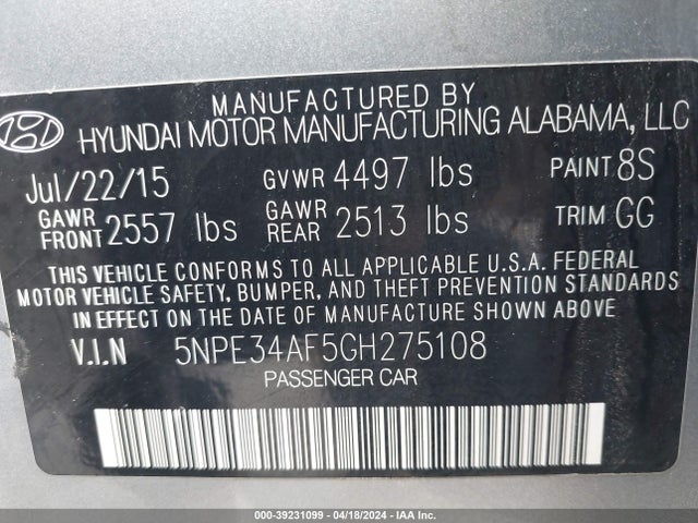Hyundai Sonata Limited 2016 5NPE34AF5GH275108 Image 9