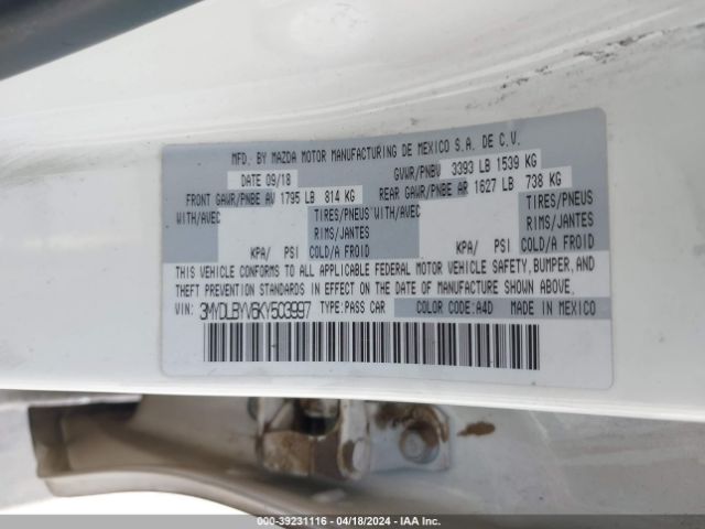 3MYDLBYV6KY503997 Toyota YARIS LE