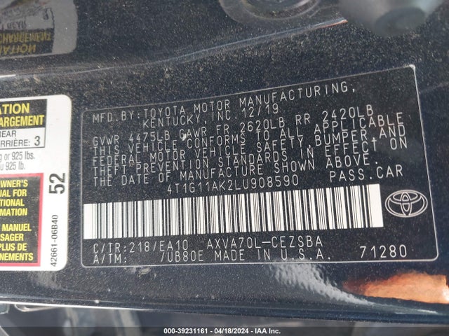Toyota CAMRY SE 2020 4T1G11AK2LU908590 Image 9