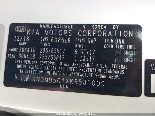 KIA SEDONA LX 2019 KNDMB5C1XK6535009 Image 9