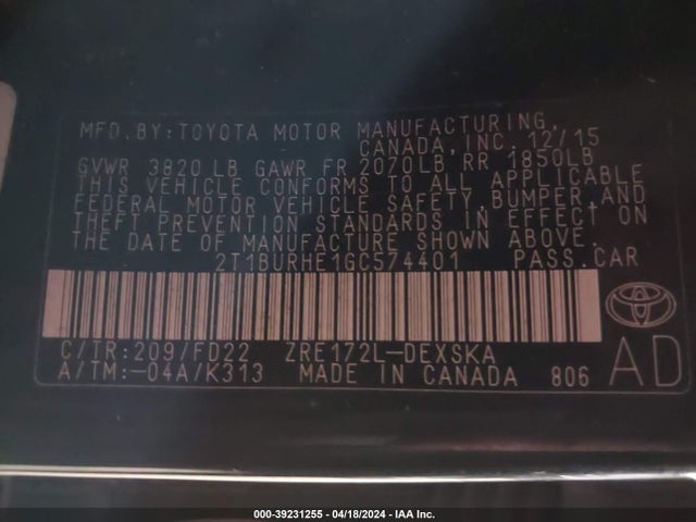 Toyota Corolla S W/special Edition Pkg 2016 2T1BURHE1GC574401 Image 9
