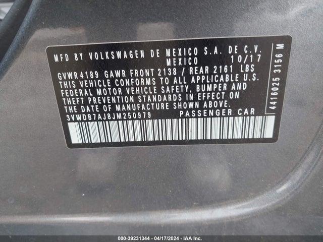 3VWDB7AJ8JM250979 Volkswagen Jetta 1.4t Se/1.4t Wolfsburg Edition