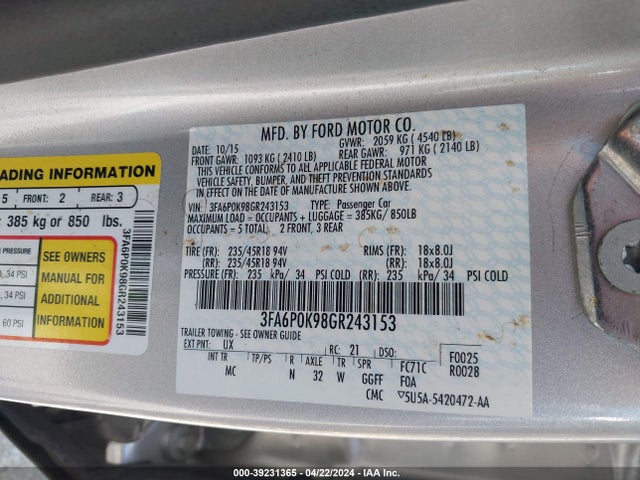 Ford Fusion Titanium 2016 3FA6P0K98GR243153 Image 9