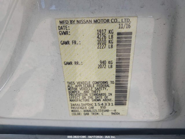 Nissan Altima 2.5 Sv 2017 1N4AL3AP0HC154331 Image 9