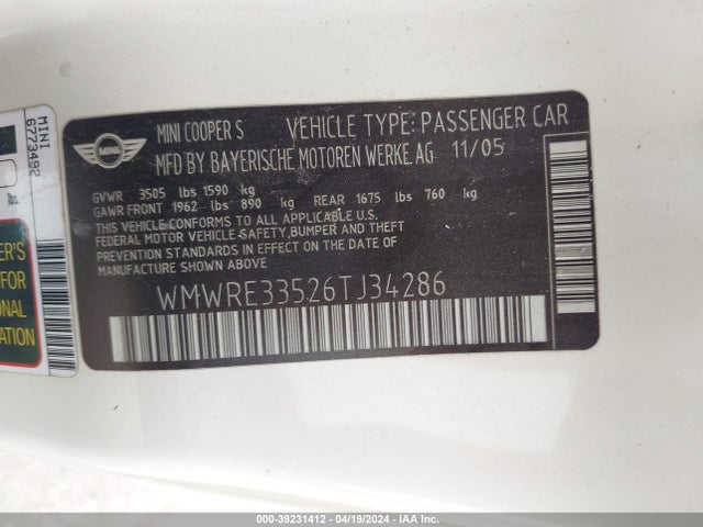 2006 MINI COOPER S WMWRE33526TJ34286 Photo 8