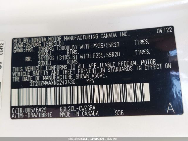 2T2HZMAAXNC243430 Lexus RX 350