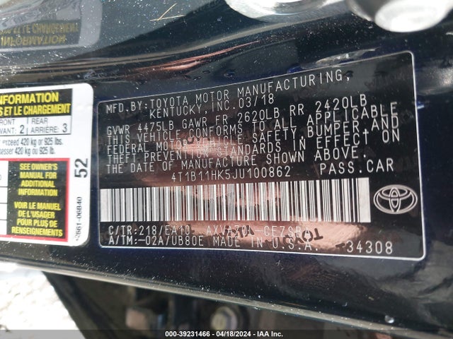 Toyota CAMRY SE 2018 4T1B11HK5JU100862 Image 9