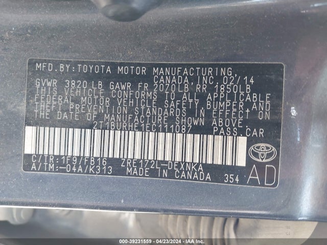 Toyota COROLLA LE 2014 2T1BURHE1EC111087 Image 9