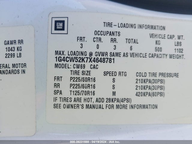Продаж на аукціоні авто 1999 Buick Park Avenue Base Cmi, vin: 1G4CW52K7X4648781, номер лоту: 39231588