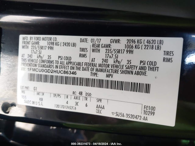 Ford ESCAPE SE 2017 1FMCU0GD2HUC86346 Image 9