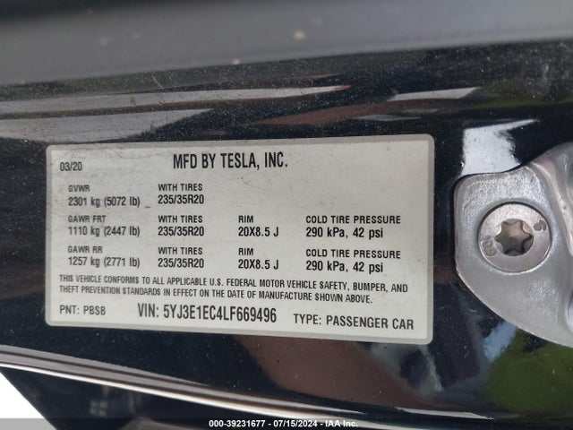 5YJ3E1EC4LF669496 Tesla Model 3 Performance Dual Motor All-wheel Drive