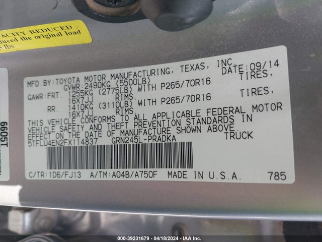 Toyota Tacoma Base V6 2015 5TFLU4EN2FX114837 Image 9