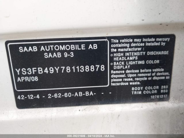 2008 SAAB 9-3 YS3FB49Y781138878 Photo 8