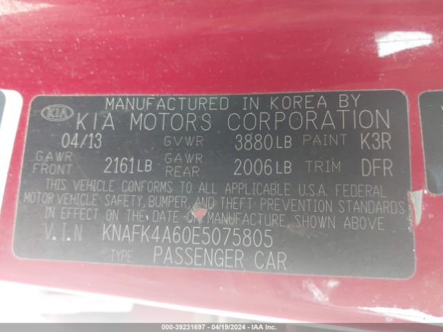 KNAFK4A60E5075805 KIA FORTE LX