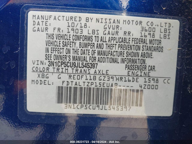 Nissan KICKS SR 2018 3N1CP5CU9JL545397 Image 9