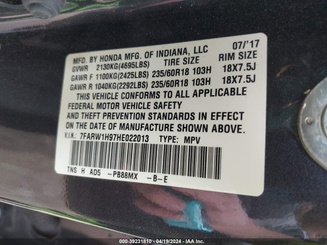 Honda Cr-v Touring 2017 7FARW1H97HE022013 Image 9