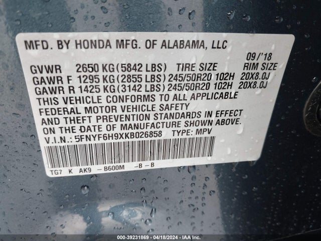 Honda Pilot Touring 2019 5FNYF6H9XKB026858 Image 9