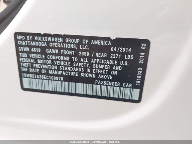 1VWBS7A35EC100876 Volkswagen Passat 1.8t Se
