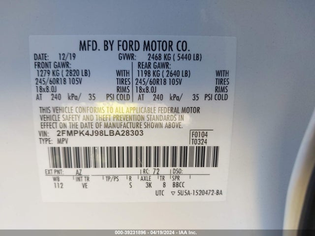 Ford EDGE SEL 2020 2FMPK4J98LBA28303 Image 9