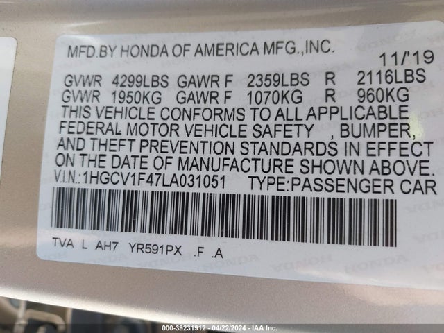 Honda ACCORD EX 2020 1HGCV1F47LA031051 Image 9