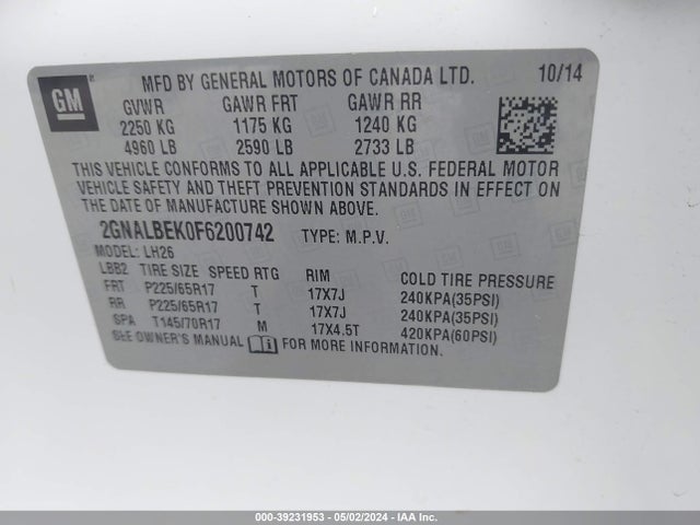 Chevrolet EQUINOX 1LT 2015 2GNALBEK0F6200742 Image 9