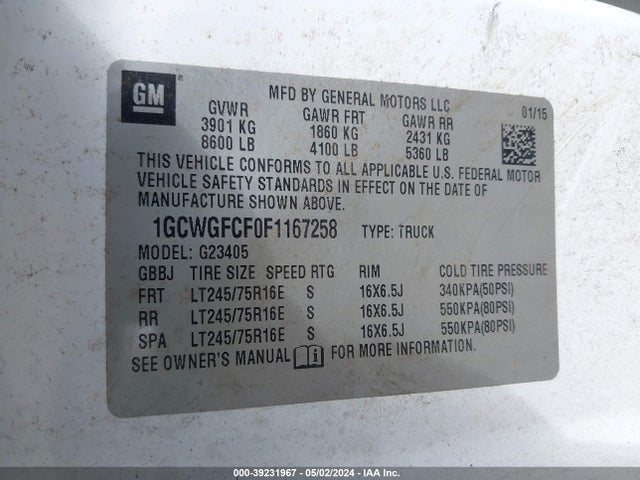 Chevrolet Express 2500 Work Van 2015 1GCWGFCF0F1167258 Image 9