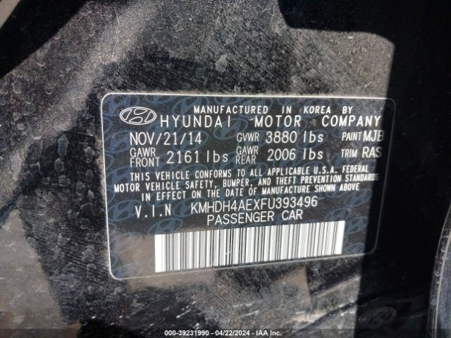 KMHDH4AEXFU393496 Hyundai ELANTRA SE
