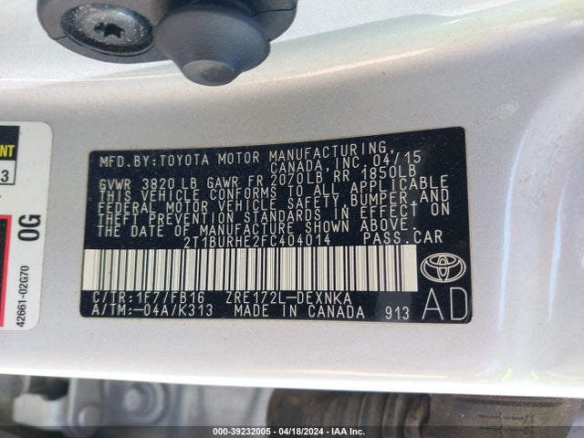 Toyota COROLLA LE 2015 2T1BURHE2FC404014 Image 9