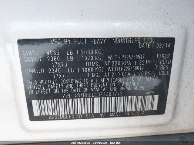 Subaru Outback 2.5i Limited 2014 4S4BRBLC0E3301773 Image 9