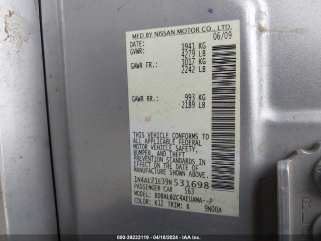 Aukcja sprzedaży 2009 Nissan Altima 2.5 S, vin: 1N4AL21E39N531698, numer aukcji: 39232119