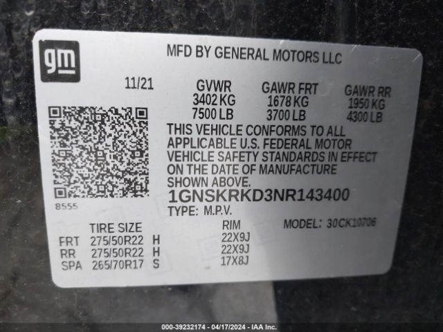 1GNSKRKD3NR143400 Chevrolet Tahoe 4wd Rst