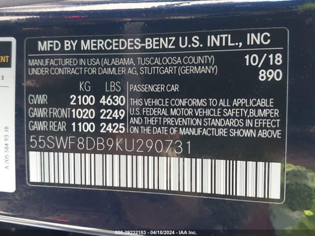 55SWF8DB9KU290731 Mercedes-Benz C 300