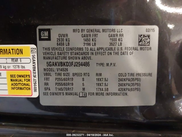 Buick Enclave Leather 2015 5GAKVBKD3FJ294486 Image 9