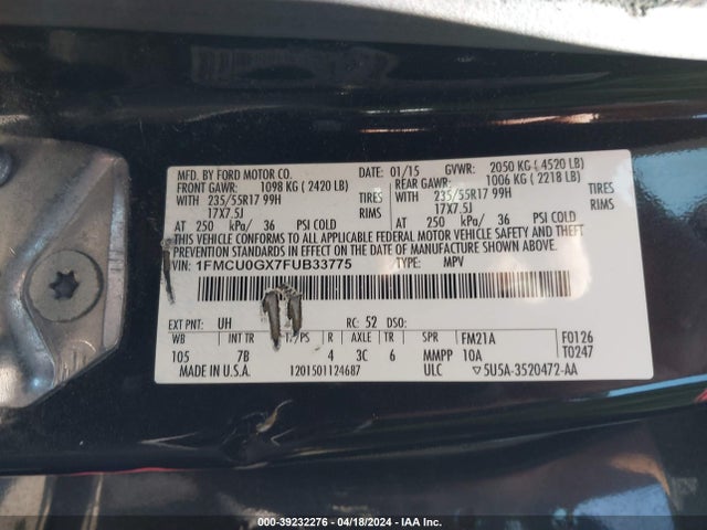 Ford ESCAPE SE 2015 1FMCU0GX7FUB33775 Image 9