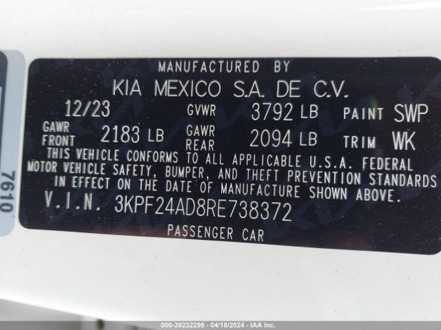 3KPF24AD8RE738372 KIA Forte Lxs