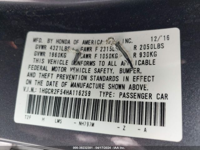 1HGCR2F54HA116259 Honda Accord Sport