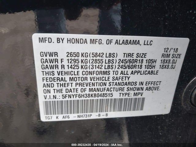 Honda Pilot Ex 2019 5FNYF6H38KB048515 Image 9
