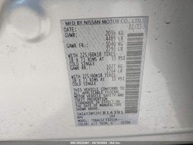 5N1AT2MT2FC814391 Nissan Rogue Sl