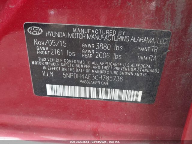 5NPDH4AE3GH785736 Hyundai ELANTRA SE