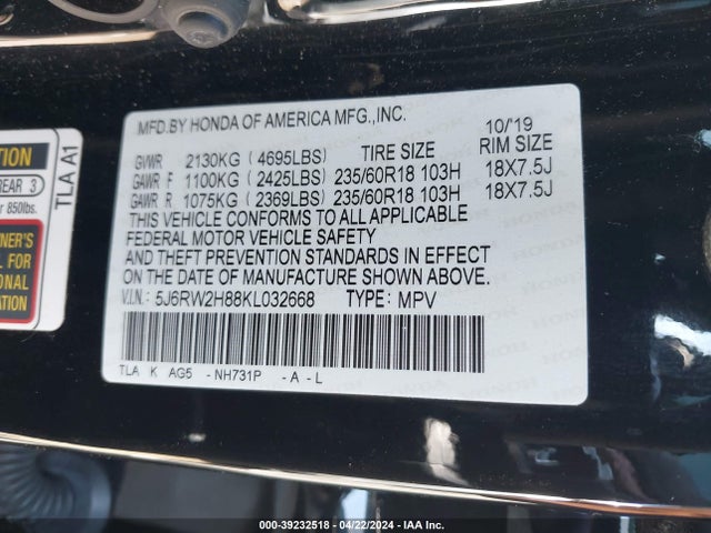 Honda Cr-v Ex-l 2019 5J6RW2H88KL032668 Image 9