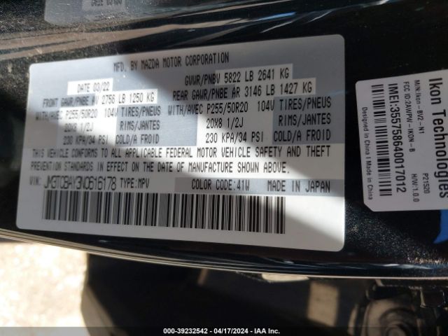 JM3TCBAY3N0616178 Mazda Cx-9 Touring Plus